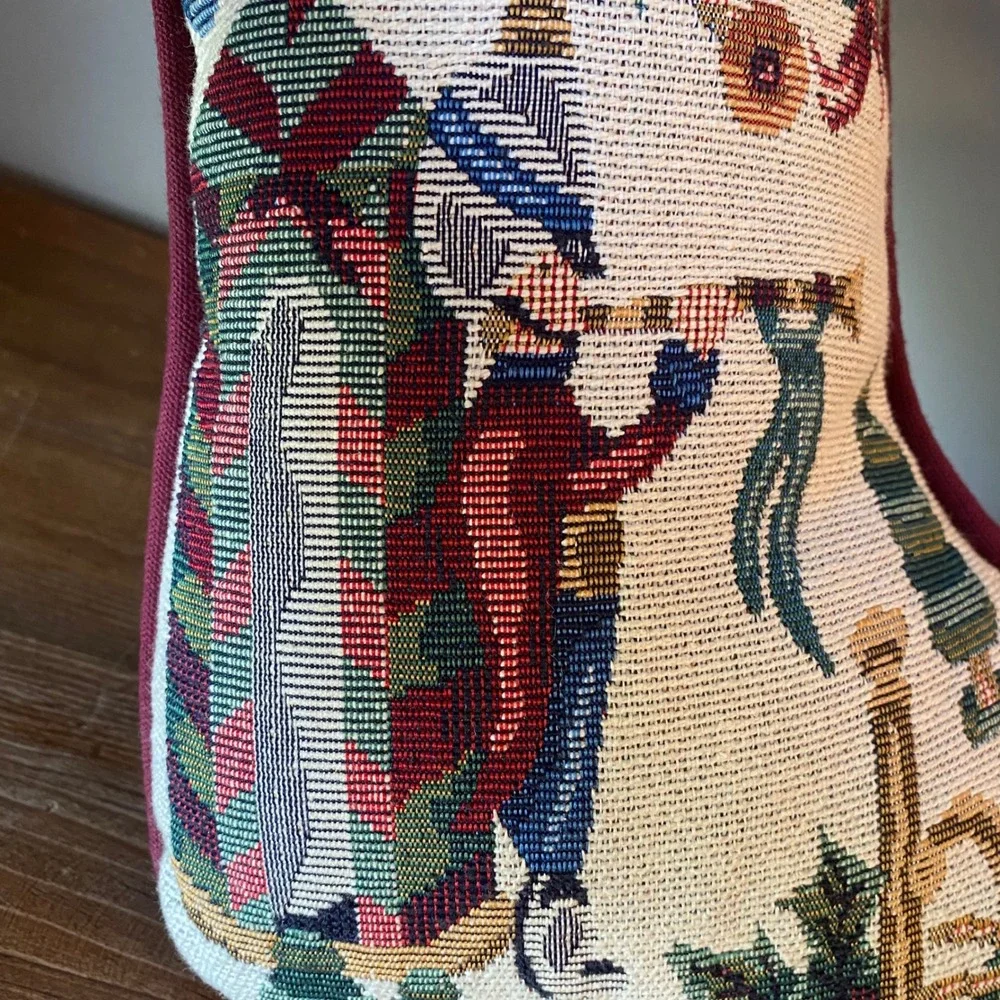 Vintage Christmas Stocking Tapestry Pillow Nutcracker Teddy Bear Burgundy Back‎